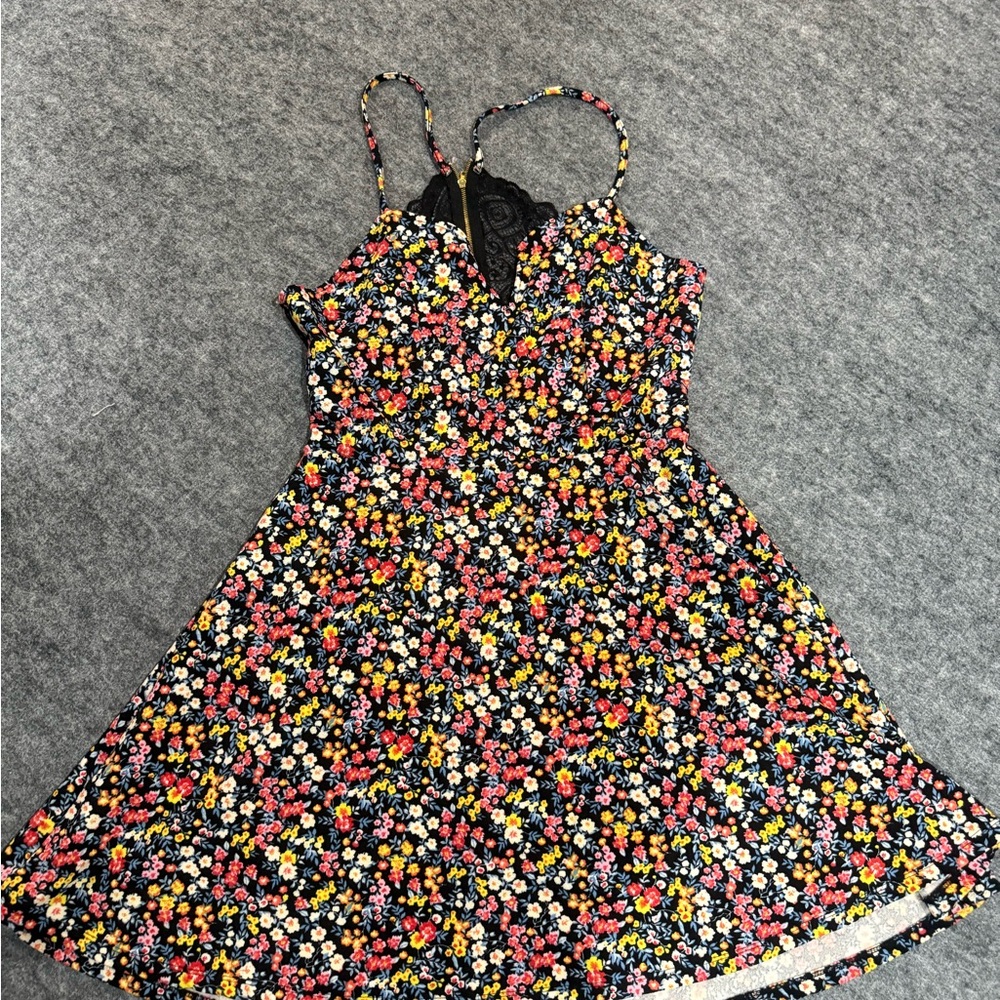 Floral Spaghetti Strap Sundress - Black Base with Pink, Yellow & White Flowers